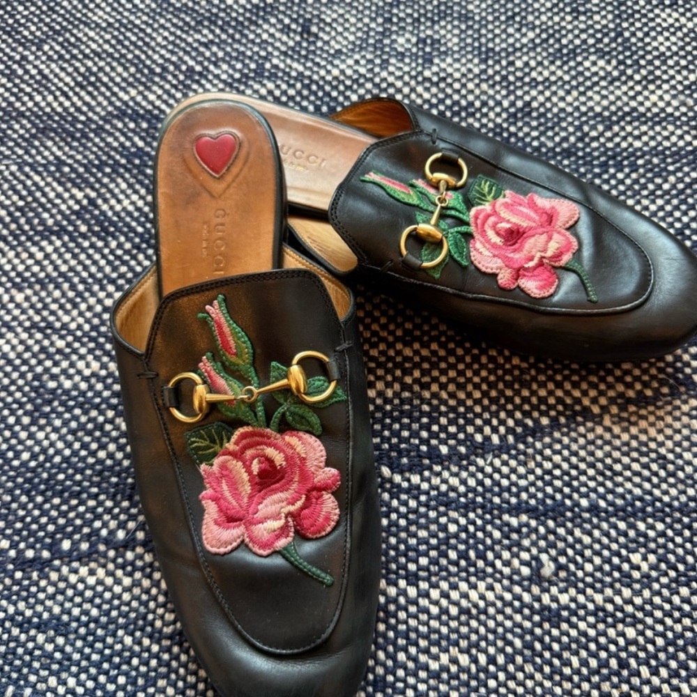 Gucci Women's Black Mules with Pink Floral Embroidery